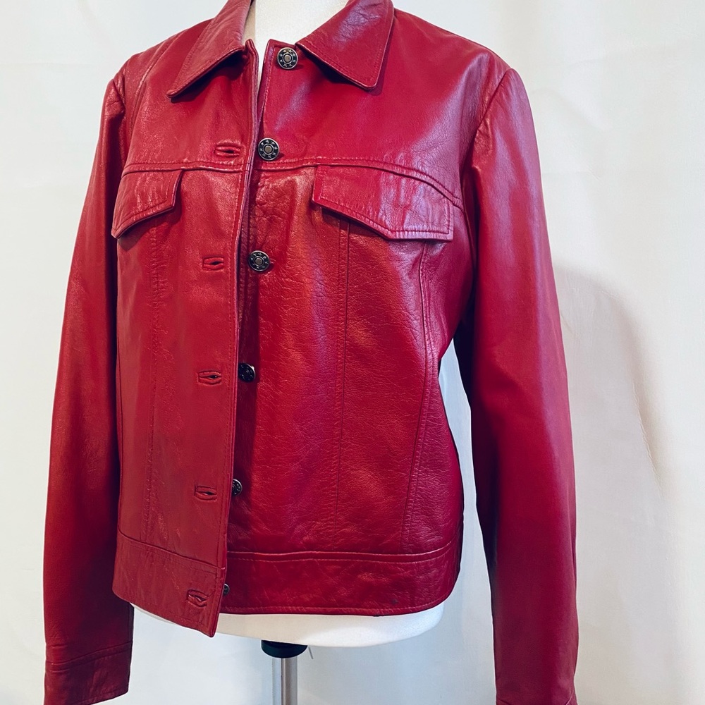 Women red leather jacket size M